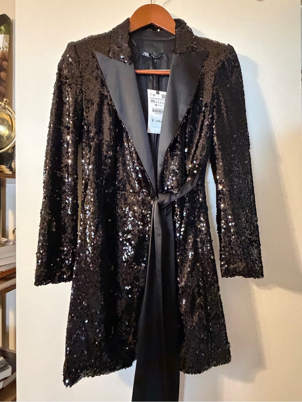 Zara Black Sequin Trench Jackey with Satin Lapel and Tie